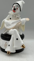 Vintage Porcelain Pierrot Clown Music Box  Japan  Mid-Century  Plays Mandolin