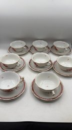 Herend Hungary Hand-Painted Porcelain  Rust/Chinese Red Floral Pattern  Set Of 8 Coffee Cups & Saucers