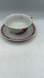 Herend Hungary Hand-Painted Porcelain  Rust/Chinese Red Floral Pattern  Set Of 1 Coffee  Cups & Saucers