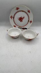 Herend Hungary Hand-Painted Porcelain  2 Coffee Cups & 8' Plate Rust / Chinese Red Floral Pattern