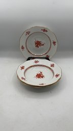 Herend Hungary Hand-Painted Porcelain  Set Of 3 Soup Bowls Rust / Chinese Red Floral Pattern  8'