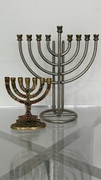 Set Of 2 Menorahs  Stainless Steel & Brass