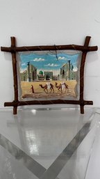 Hand-Painted Middle Eastern Camel Caravan Scene On Animal Hide  Rustic Wood Frame