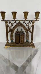 Vintage Brass Judaica Candelabrum With Ten Commandments & Enamel Inlay  Made In Israel