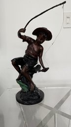 Bronze Statue Of Boy Fishing  Signed  Marble Base  18' Tall