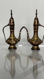 Pair Of Vintage Brass Mughal-Style Decorative Ewers