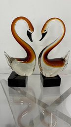 Pair Of Hand-Blown Murano-Style Glass Swans On Black Bases