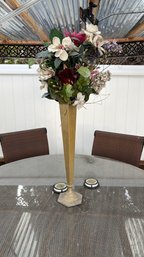 Tall Brass Floor Vase With Faux Floral Arrangement