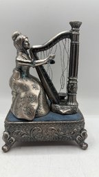 Vintage 1950s Japanese Harp-Playing Lady Music Box Figurine  Pat. Pend, Made In Japan.  Shippable