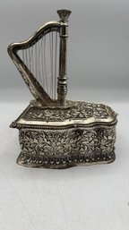 Vintage Silver-Tone Harp Music Box Jewelry Casket  Japan.  Shippable