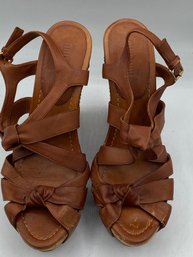Miu Miu Brown Leather Espadrilles Wedge Platform Crisscross Ankle Strap Sandals Size 38