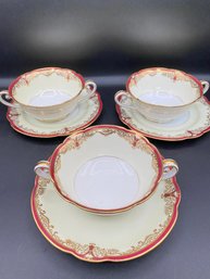 Noritake   Vornay Red Footed Cream Soup Bowl & Saucer Set Of 3