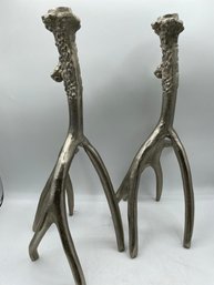 Resin Silver Tone Metal Deer Antler Tapered Candle Holder 16''