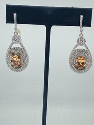 Sterling Silver 925 Earring  With 10mm  Oval Champagne Stone &  Diamond CZ Stone   Designed By Yagi