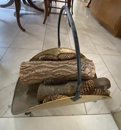 Vintage Mid-Century Brass Fireplace Log Firewood Holder With Claw Feet & Handle