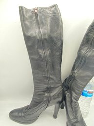 Vintage Prada Black Leather Heeled Knee High Boots  Size 37.5