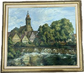 Unsigned Oil-on-Board Village Landscape Painting  26.75'  23.75'