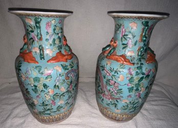 Two Familie Rose Dragon Vases 14.5 High 1920s-1940s Porcelain