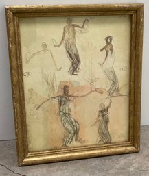 Print Of Dancing Figures Stamped M. R. 11 X 9