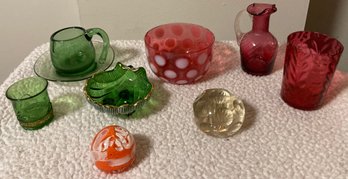 Assortment Of Art Glass Cranberry, Hunter Green Glass Sandwich Glass