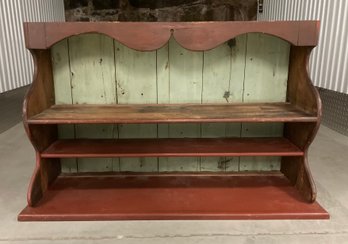 Large Primitive Wall Shelf With Shaped Hooded Crest And Adapted With Painted Interior. 29 X 47 X 14