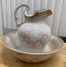 Pink Porcelain Water Pitcher And Bowl