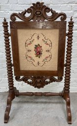 Antique Walnut Fire Screen With Embroidery Center Piece