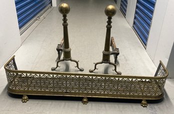 Brass Andirons And Reticulated Fender 24 X 30 And 9 X 47 X 13