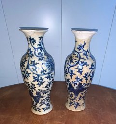 Two Blue And White Reproductions Of Wan-li(Ming) Chinese Vases Stamped China Repaired. 12 X 5