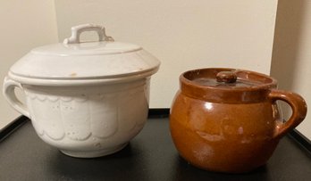 Lot Of Two Stoneware Bowls With Lids