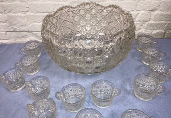 Pressed Glass Punch Bowl Set 13 Cups