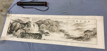 Large Signed Japanese Watercolor On Silk Paper With Hard Case