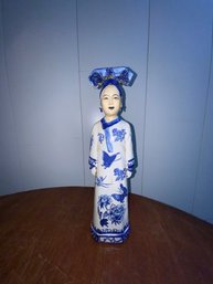 Chinese Porcelain Female Figure Blue And White Glazed With Bisque Face 14.5 Tall X 3