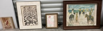 Lot Of Four Assorted Prints Watercolor Black And White Etc.