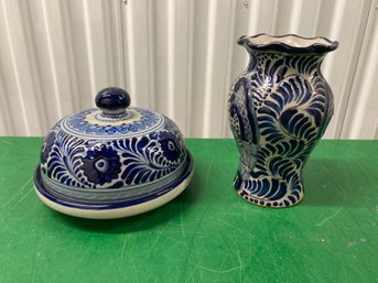 Blue Stoneware Dish And Vase
