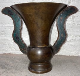 19th Century India Bronze Double Handle Cloissone Spittoon 8 X 10