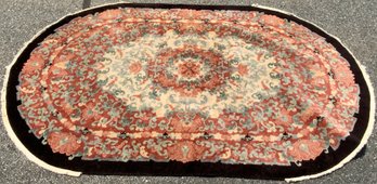 Oval Aubusson Type  In Colors Rose, White And Pale Blue With Black Border 7 Long