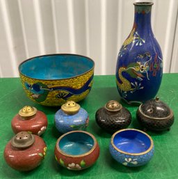 Assortment Of Cloissione Salt & Pepper Shakers Vase & Enameled Bowl
