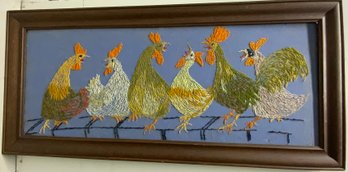 Framed Folksy Needlepoint A Gaggle Of Hens 14 X 33