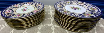 22 Royal Doulton Fine Porcelain Plates Or Chargers Gilt Edge Cobalt Trim Floral Center #9926