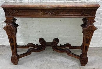Gothic/Renaissance Revival Walnut Marble Top Console Table