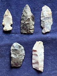 Assortment Of Five Archaic/Woodland Period Three Small Blades & One Arrowhead