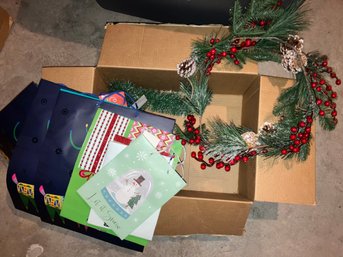 Assortment Of Christmas Items Wreaths & Gift Bags