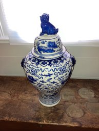 Modern Asian Porcelain Blue & White Vase With Lid