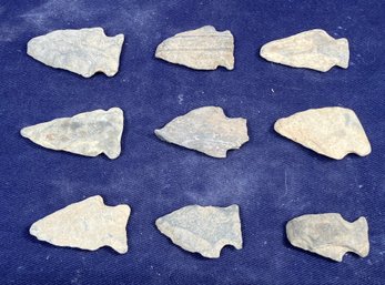 Nine Assorted Archaic Arrowhead And Projectile Points From The Archaic Period
