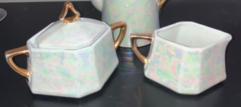 NPS Fine Bone China Green Iridescent Creamer & Sugar Bowl Germany Silesia