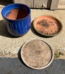 Cobalt Blue Ceramic Planter Pot & Two Ceramic Plant Plates