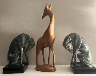 Pair Of Bronze Dogs & A Wooden Giraffe 7 X 4 & 12 X 4