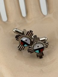 Vintage Native American Zuni Sterling Inlay Cuff Links