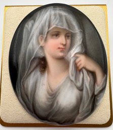 Antique Porcelain Woman With Veil Painted Miniature